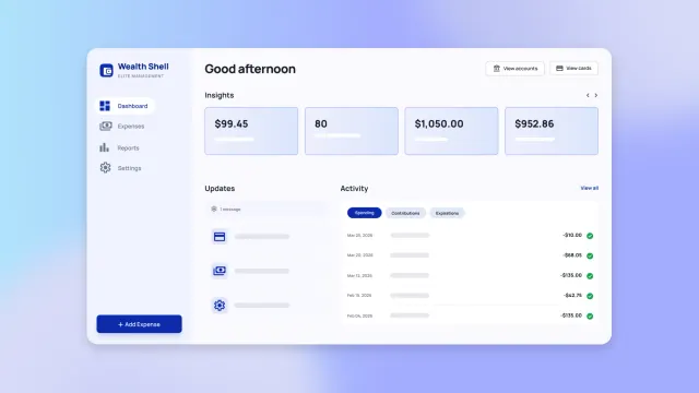 Example expense management dashboard UI with insights cards and spending activity list, add expense button and sidebar menu