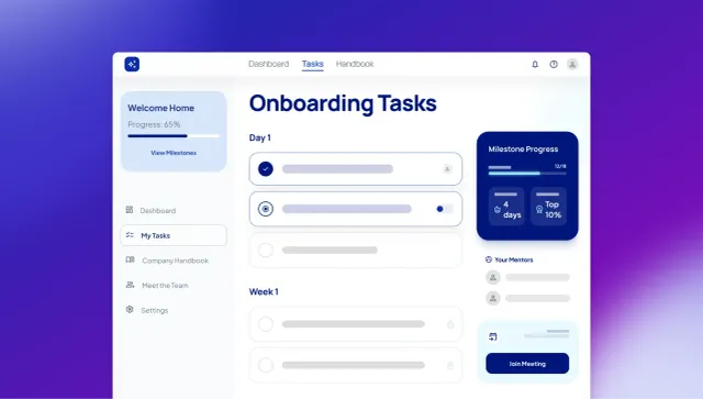 Employee onboarding software dashboard showing Onboarding Tasks, progress 65%, milestone progress 12/18, mentors list, and Join Meeting button