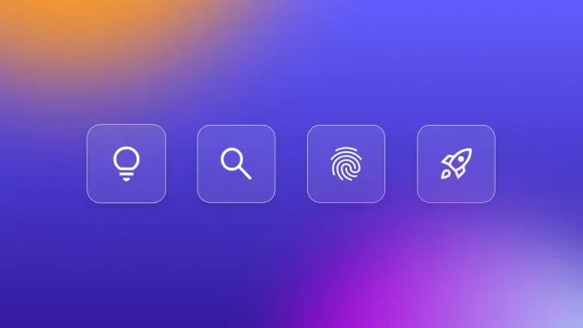 Four app-style icons on a purple gradient background: lightbulb, magnifying glass, fingerprint, and rocket for product validation and launch
