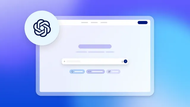 OpenAI logo over a ChatGPT-style chatbot interface mockup with prompt bar and icons on a blue gradient background