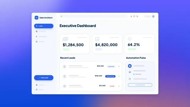 Sales Architect executive dashboard UI with leads sidebar, revenue KPIs, recent leads pipeline, and automation pulse panel