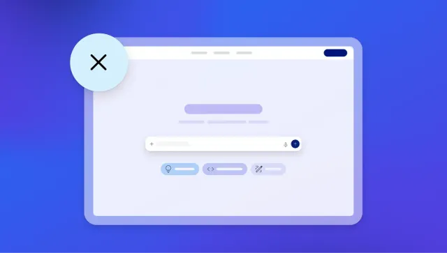 Browser window UI mockup with a close X icon, address bar and toolbar buttons on a blue gradient background, representing no-code software drawbacks