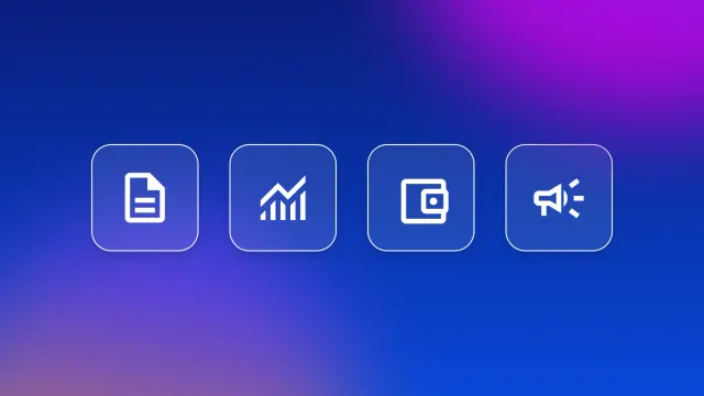 Four business planning icons on blue gradient background: document, growth chart, wallet, and megaphone for lean business plan steps