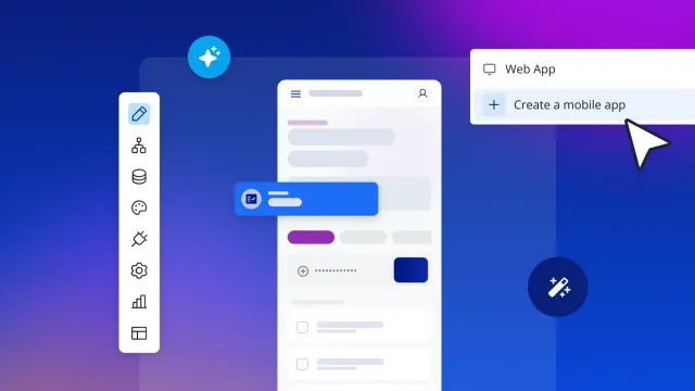 No-code web app builder interface with sidebar icons and cursor selecting Create a mobile app under Web App menu