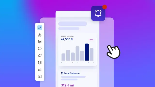 Mobile app dashboard UI with bar chart and text Weekly Vertical 42,500 ft, bell notification badge, and hand cursor on purple gradient