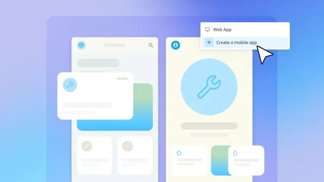 Mobile app builder interface mockup with wrench icon and menu text “Web App” and “Create a mobile app” highlighted by cursor