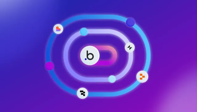 AI workflow diagram with .b logo in center and app icons orbiting on a purple gradient background, representing collaborative AI app builder