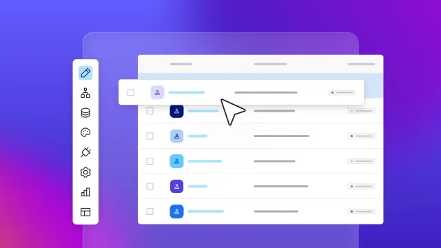 CRM dashboard interface mockup with customer list, profile icons, status indicators, and cursor selecting a record on a purple gradient background