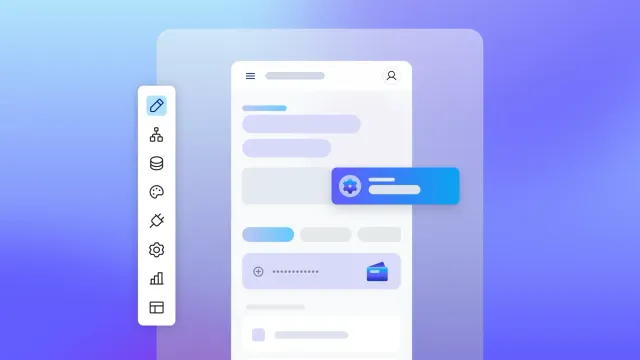 No-code app builder interface mockup with sidebar tools, settings widget, and drag-and-drop components on a mobile screen