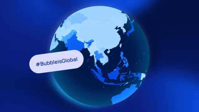 A map of the world with countries in blue and the hashtag #BubbleisGlobal 
