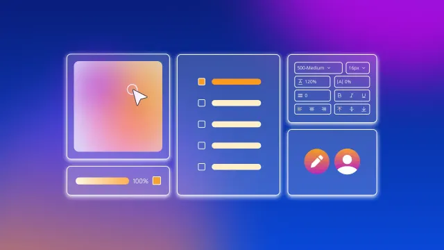 A representation of core brand elements including icons, color picker, and typeface.