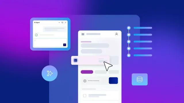 AI Agent chat panel and web app prototype mockup with cursor, workflow timeline, and database icon on purple blue gradient background