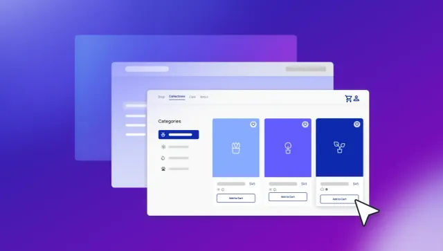Ecommerce website UI mockup showing plant product cards, Categories sidebar, $45 price and Add to Cart buttons, with cursor clicking Add to Cart