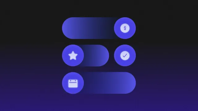 Subscription pricing UI with purple toggle bars and icons for payments, premium features, and recurring billing calendar