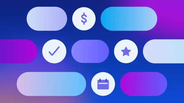 Gradient UI buttons with icons for dollar sign, check mark, star and calendar, representing mobile app monetization features