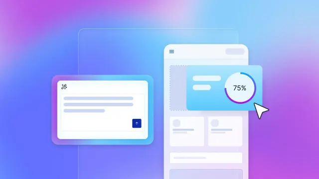 AI drag-and-drop app builder interface with editable cards and 75% progress gauge, cursor selecting a UI component on gradient background