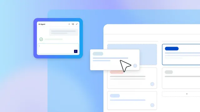 AI Agent chat window beside editable content cards with cursor, illustrating AI editing tools and document interface
