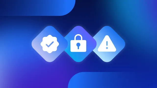 A check, lock, and warning logo in diamonds on a blue background 