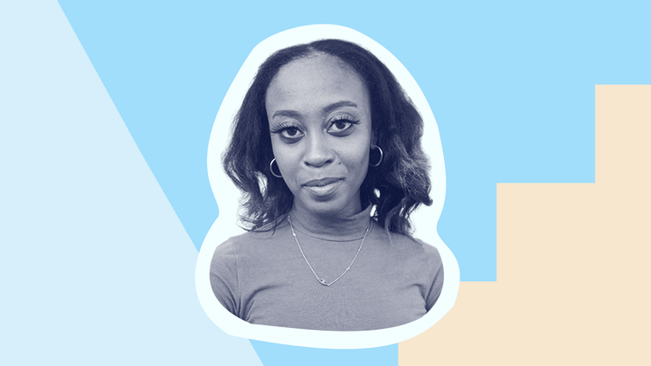 A headshot of Bubble Developer Harmony Jackson collaged on top of colorful shapes