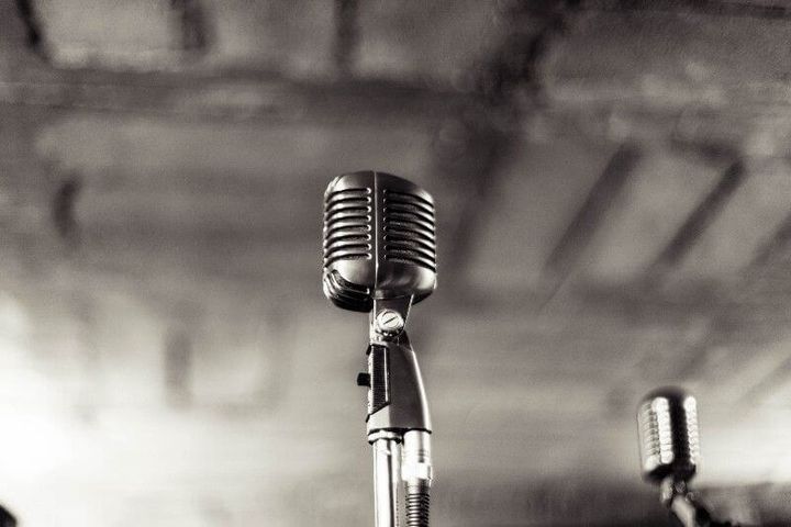 Black and gray picture of a old-fashioned studio microphone. 