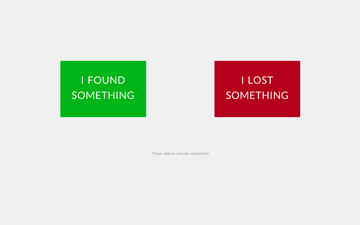 Website screenshot with a red block on right (Lost) and green block on left (Found). 