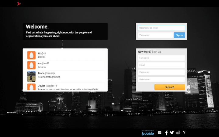 Dark picture of city in background. Twitter clone sign-in boxes on right side of screen.