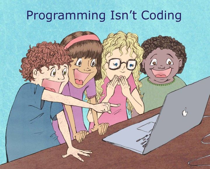 Cartoon image of four children looking at a computer screen amazed. 