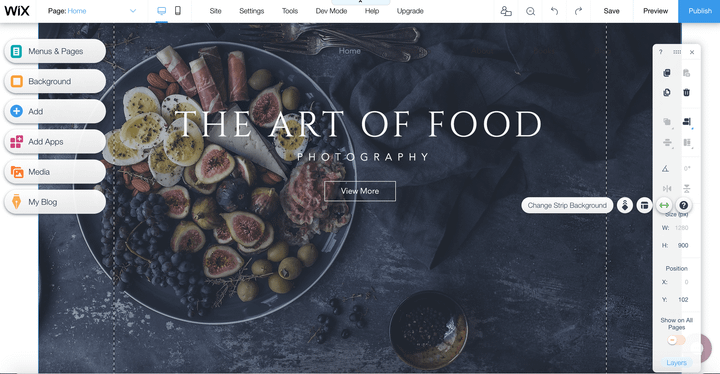 A screenshot of Wix's anvas building a photography website.