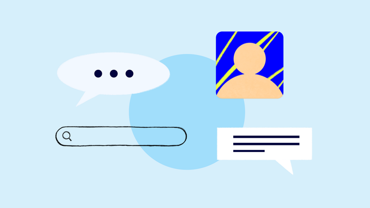 Shapes on a blue background, including a circle, speech bubble, search bar, text callout, and illustration of a person's head