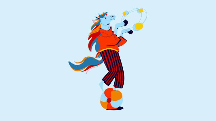 An illustration of a horse standing on two legs on top of a ball, using his front hooves to juggle three balls.