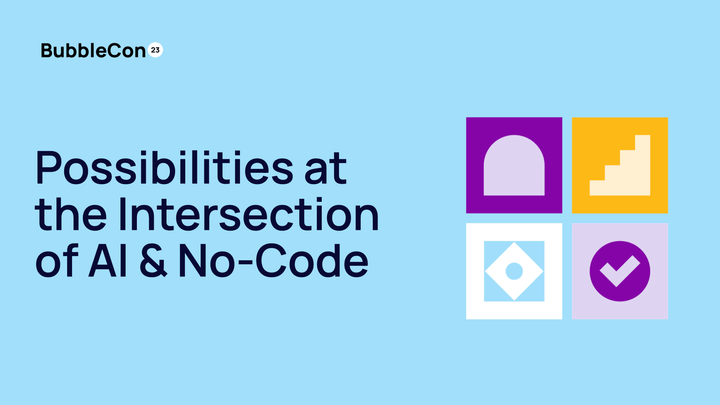 The text "Possibilities at the Intersection of AI & No-Code" next to some colorful geometric shapes like a checkmark and stai