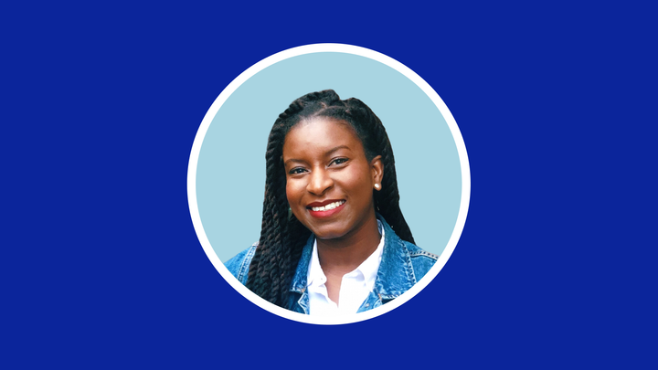 A headshot of Nichole Bestman in a light blue circle on a dark blue background.