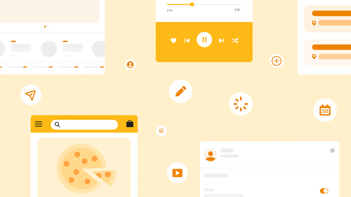 A mockup of different web app pages and common user icons.