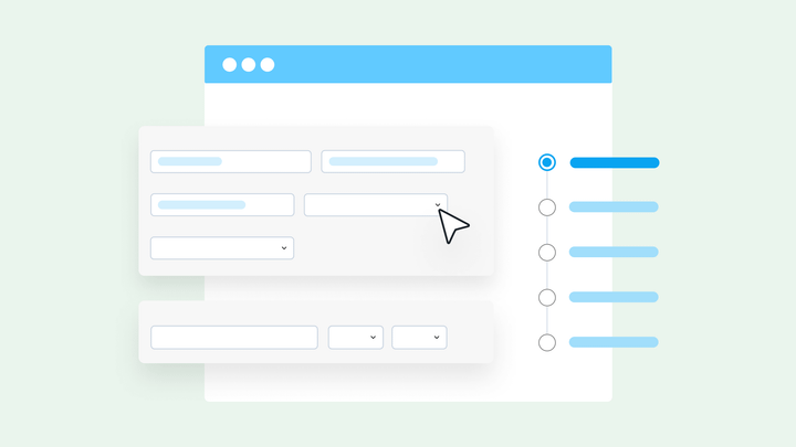 A mockup of a form submission showing different fields and the user's progress. 