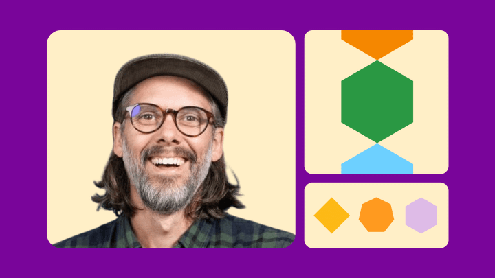 A headshot of Bubble educator Gregory John next to two rectangles filled with colorful geometric shapes.