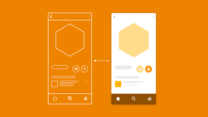 An illustration of a prototype and the "final" version of a music app. The user is viewing an album with a hexagonal cover. 