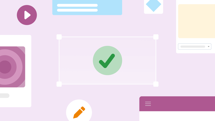 A green checkmark in a green circle surrounded by elements like a play button, a pencil icon, browser windows, and more.
