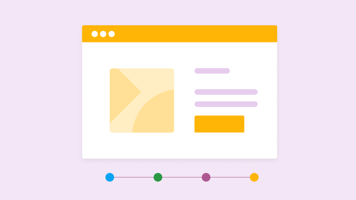 Yellow web page with a form and a submit button. Underneath is a colorful line of dots representing a timeline.