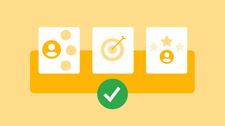Three cards with icons representing reach, impact, and effort: a person, target, and five stars. A green checkmark is below.