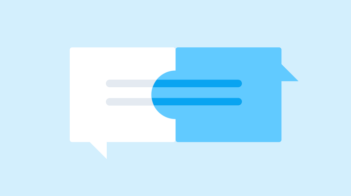 Two speech bubbles linked together like a puzzle piece, representing the two languages of "code" and "no-code."