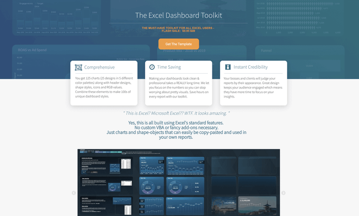 A screenshot of The Excel Dashboard Toolkit's homepage.