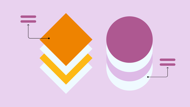 Two overlapping stacks, one squares and one circles representing a comparison between two products or components.