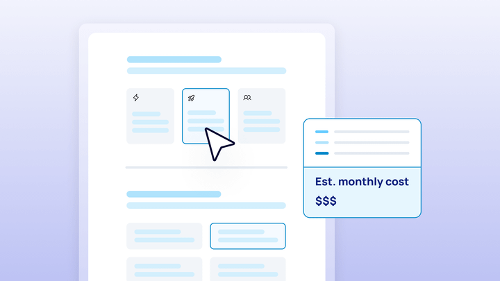A mockup of Bubble's cost estimator showing different plans and "est. monthly cost."