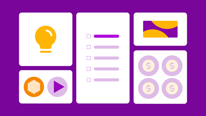 White boxes on a purple background containing icons like a lightbulb, dollar signs, a play button, and a checklist.
