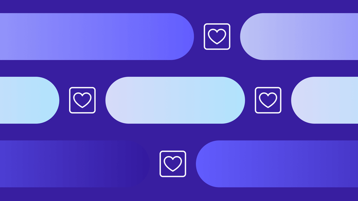 An abstract purple and blue background with white heart icons.