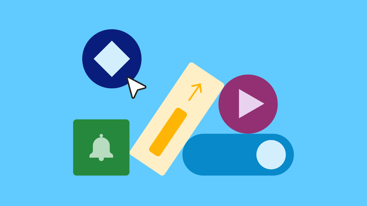 A stack of buttons and icons, including a bell, a swipe, and a play button.