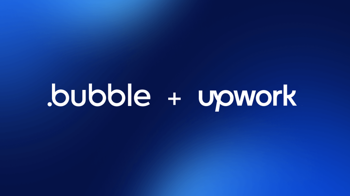 Bubble wordmark plus the Upwork wordmark on a dark blue gradient.