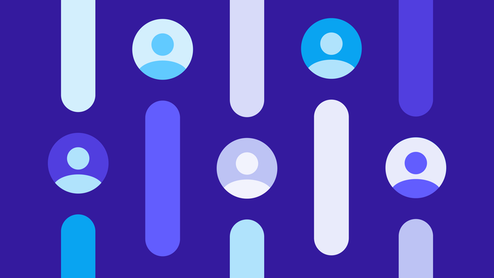 Blue user profile icons separated by different vertical oblong shapes.