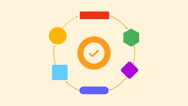 A check mark in an orange circle surrounded by an an abstract of a cycle.