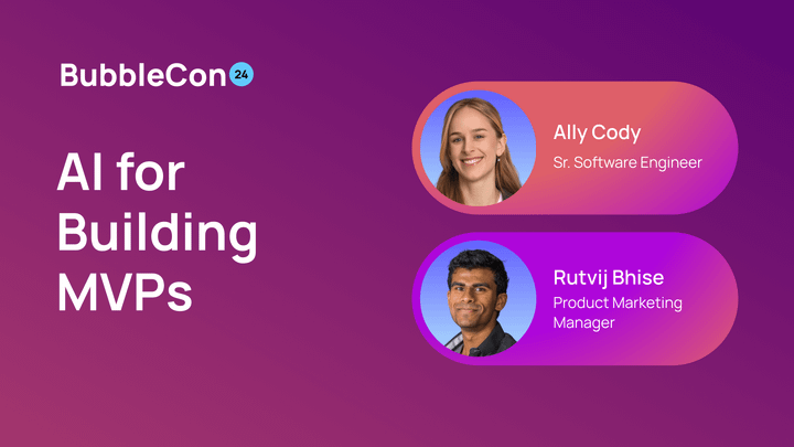"AI for Building MVPs" with headshots of Ally Cody and Rutvij Bhise.